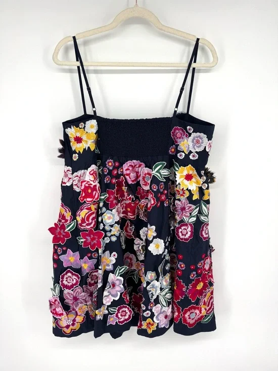 Anthropologie 3D Floral Embroidered Babydoll Mini Dress Navy Size Large - Picture 8 of 11